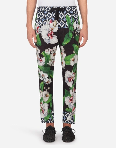 Dolce & Gabbana Linen Jogging Pants With Orchid Print In Floral Print