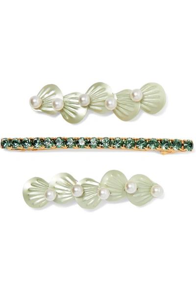 Lelet Ny Seafoam Set Of Three Gold And Silver-tone Faux Pearl, Crystal And Resin Hair Clips In Green