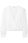 ALICE AND OLIVIA HART WRAP-EFFECT CHIFFON-TRIMMED STRETCH SILK-CHARMEUSE BLOUSE