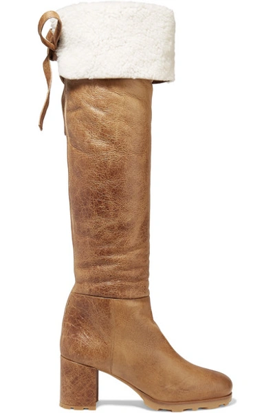 Miu Miu Shearling-trimmed Leather Knee Boots In Camel