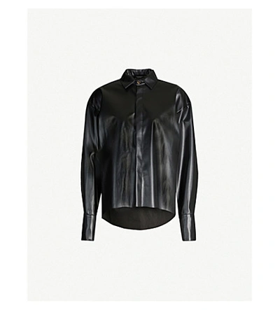 Awake Business Woman Puffed-sleeve Faux-leather Shirt In Black