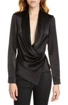 Alice And Olivia Aurora Draped Satin Top In Black