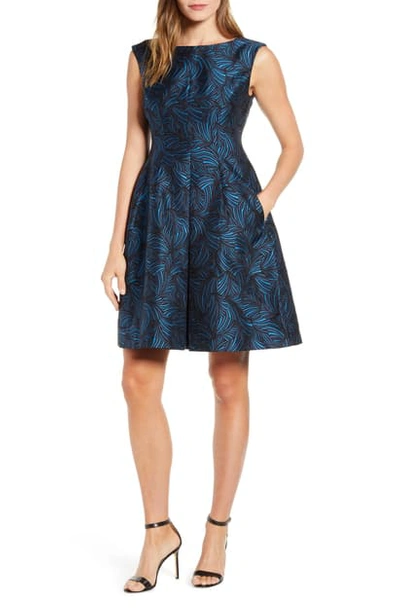 Anne Klein Sleeveless Jacquard Fit & Flare Dress In Spruce/ Anne Black Combo