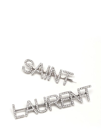 Saint Laurent Crystal Embellished Logo Hair Clips In Silver