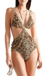 ZIMMERMANN TALI CUTOUT RUFFLE-TRIMMED PRINTED SWIMSUIT,3074457345621319154