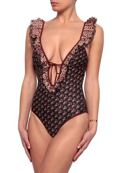 Zimmermann Jaya Printed Tulle-trimmed Swimsuit In Merlot