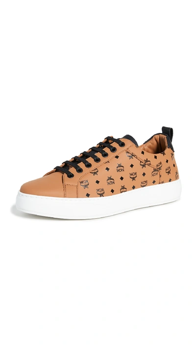 Mcm Logo Print Low Top Sneakers In Cognac