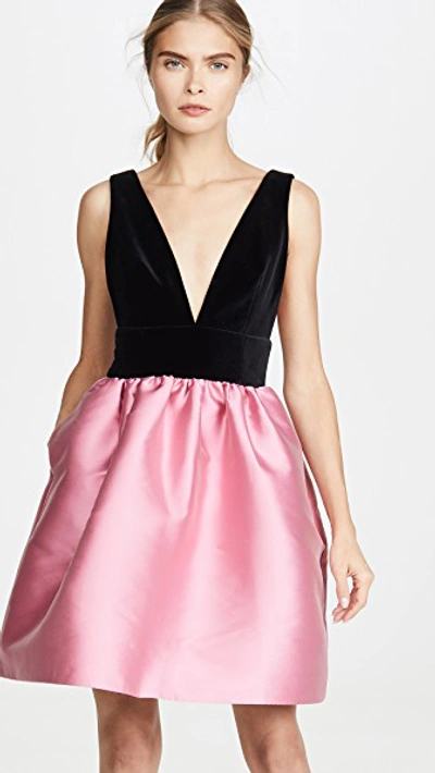 Costarellos Silk Dress With Velvet Plunge Bodice In French Rose