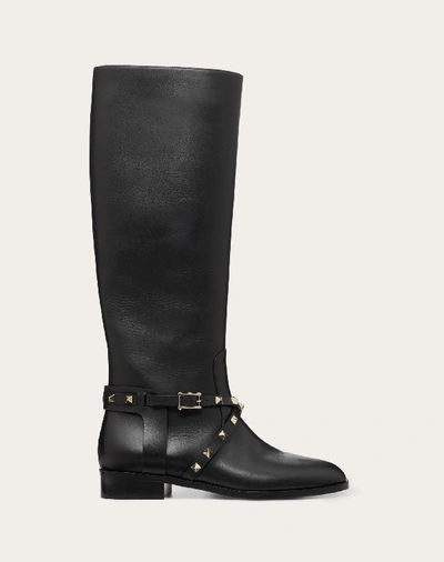 Valentino Garavani 25mm Rockstud Tall Leather Boots In Black
