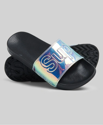 Superdry Holographic Glitter Pool Sliders In Black