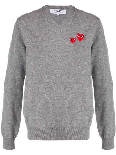 Comme Des Garçons Play Double Heart Patch Jumper In Grey