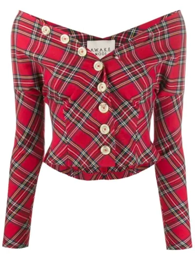 A.w.a.k.e. Highlander Non Monroe Off-the-shoulder Tartan Twill Top In Red