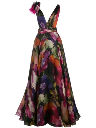 Marchesa Appliquéd Tulle-trimmed Floral-print Silk-organza Gown In Violet