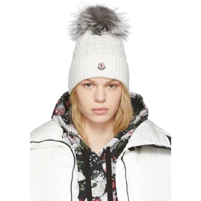 Moncler Cable Wool & Cashmere Beanie With Genuine Fox Fur Pom In White