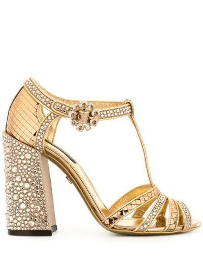 Dolce & Gabbana Rhinestone-embellished T-strap Sandals In Gold