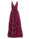 MARCHESA NOTTE V-Neck Printed Textured Tulle Gown