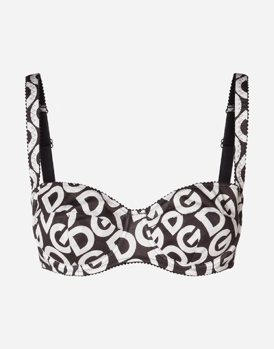 Dolce & Gabbana Jersey Balconette Bra With Dg Logo Print In Multicolor