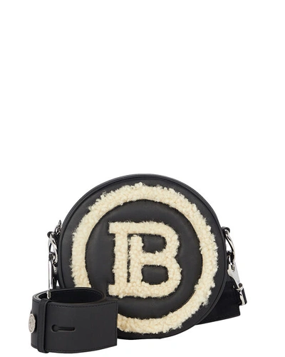 Balmain Shearling-trimmed Disco Mini Logo Bag In Black