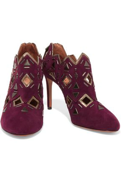 Alaïa Studded Laser-cut Suede Ankle Boots In Plum