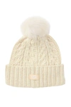 Ugg Genuine Shearling Pompom Cable Knit Beanie In Ivory Metallic Plait