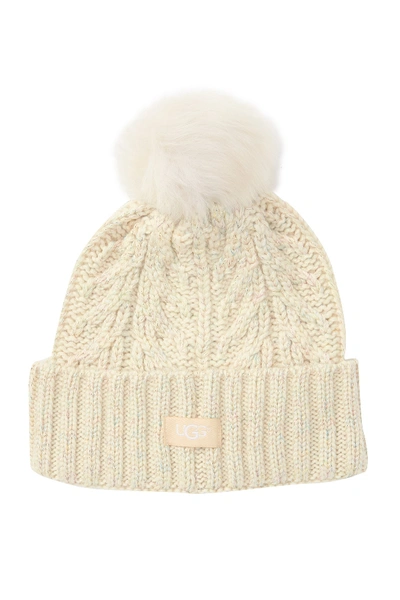 Ugg Genuine Shearling Pompom Cable Knit Beanie In Ivory Metallic Plait