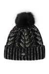 Ugg Genuine Shearling Pompom Cable Knit Beanie In Black Multi Plaited