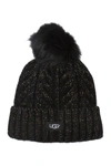 Ugg Genuine Shearling Pompom Cable Knit Beanie In Black Metallic Plait