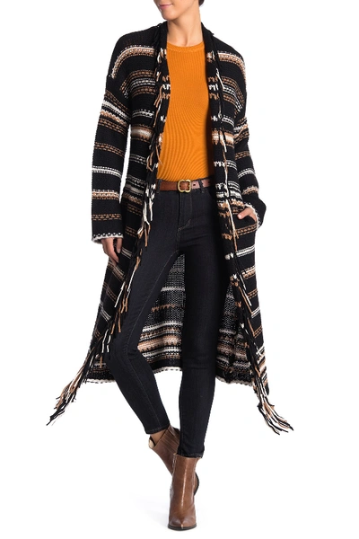 360cashmere Audrey Striped Fringe Wool Blend Cardigan In Black/lunar/vicuna