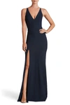 Dress The Population Iris Slit Crepe Gown In Midnight Blue