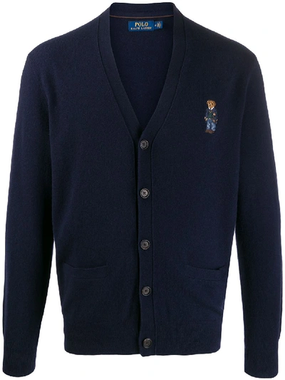 Polo Ralph Lauren Embroidered Bear Cardigan In Blue