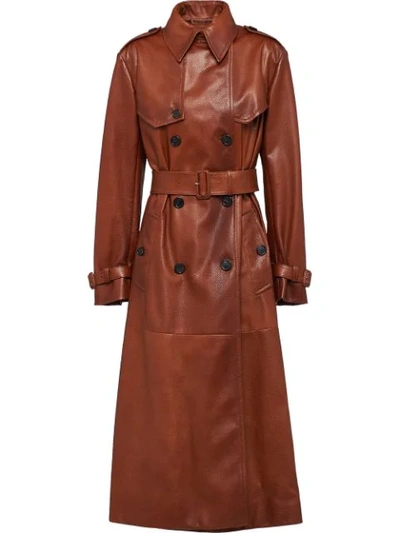 Prada Belted Grained-leather Trench Coat In Brown