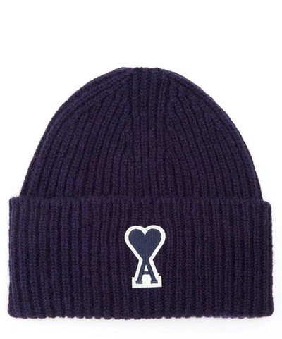 Ami Alexandre Mattiussi Logo Patch Ribbed Wool Beanie In Navy
