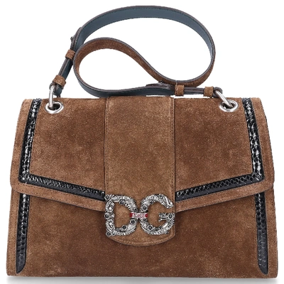 Dolce & Gabbana Women Handbag Dg Amore Suede Calfskin Logo Brown