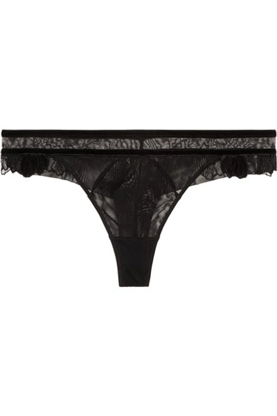 Maison Lejaby Dahlia Stretch-tulle, Lace And Velvet Thong In Black