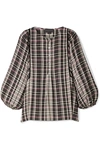 HATCH THE ROSE VELVET-TRIMMED CHECKED WOVEN BLOUSE