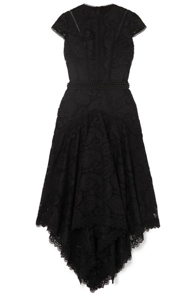 Costarellos Asymmetric Pleated Embellished Guipure Lace Midi Dress In Black