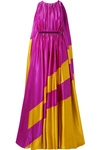 ROKSANDA MALUKA VELVET-TRIMMED DRAPED TWO-TONE SILK-SATIN GOWN