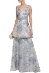 MARCHESA NOTTE TIERED EMBELLISHED METALLIC FIL COUPÉ GOWN,3074457345621304908