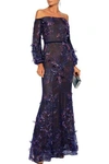 MARCHESA NOTTE MARCHESA NOTTE WOMAN OFF-THE-SHOULDER EMBELLSIHED PRINTED TULLE GOWN DARK PURPLE,3074457345621304477