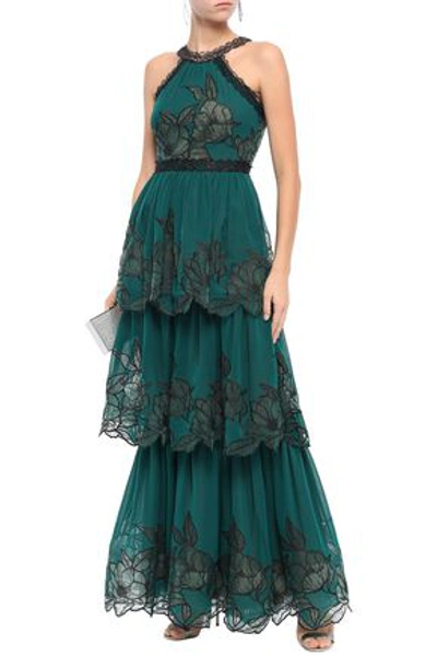 Marchesa Notte Tiered Embroidered Chiffon Gown In Forest Green