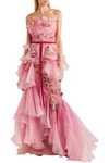 MARCHESA MARCHESA WOMAN STRAPLESS EMBELLISHED RUFFLED DÉGRADÉ ORGANZA GOWN BABY PINK,3074457345620697822