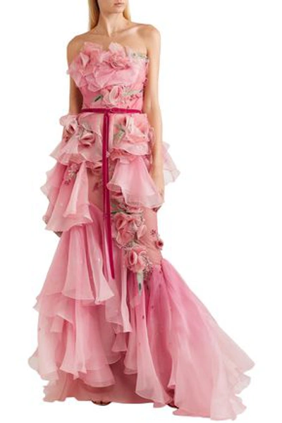 Marchesa Woman Strapless Embellished Ruffled Dégradé Organza Gown Baby Pink