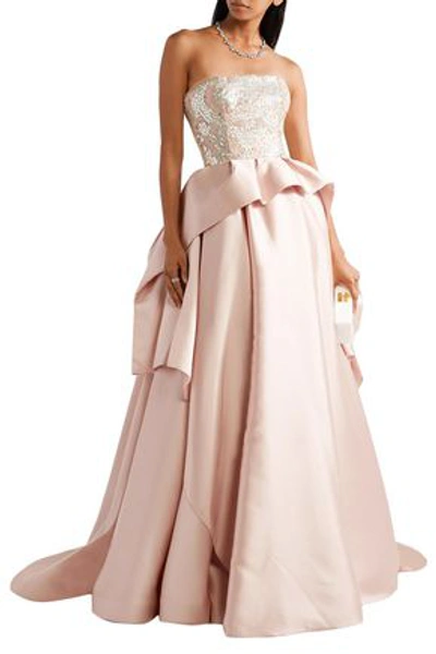 Reem Acra Embellished Tulle-trimmed Silk And Wool-blend Gown In Pastel Pink