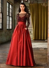 THEIA RED LONG SLEEVE FLORAL BODICE EVENING GOWN,TH19FG4179-2