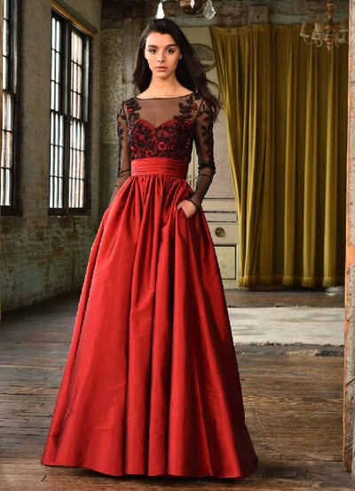 Theia Long-sleeve Floral Embellished Bodice Taffeta Skirt Gown In Red/black