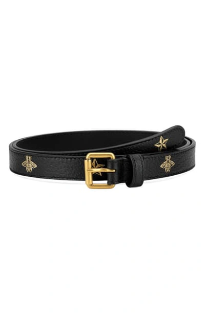 Gucci Bee & Star Print Leather Belt In Nero Oro/ Nero