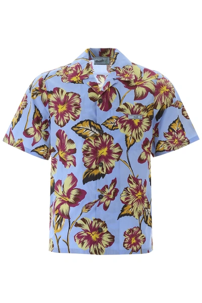 Prada Hawaii Print Shirt In Celeste (light Blue)