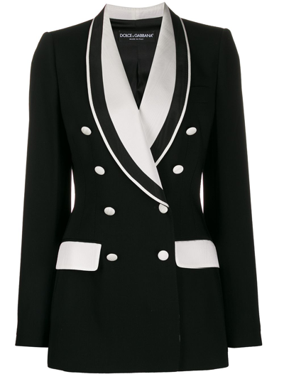 Dolce & Gabbana Double Breasted Stretch Silk & Wool Contrast Blazer In Black