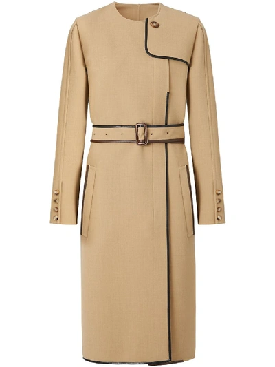 Burberry Leather-trim Belted Wool-blend Coat In Beige