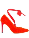 Off-white Furry Zip Tie Neon Shearling Pumps In Orange